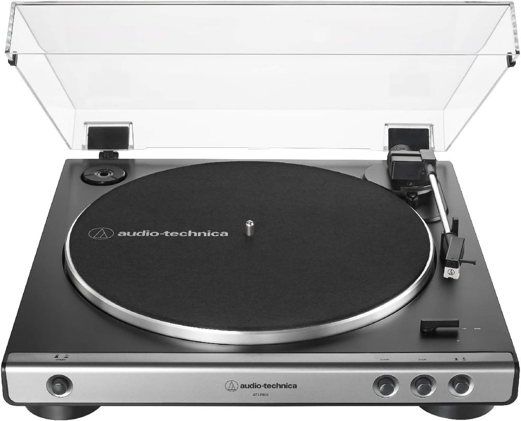 Audio-Technica AT-LP60X Gunmetal Fully Automatic Belt-Drive Stereo Turntable Bundle with Studio Monitor Pair and Vinyl Record Care System Package (3 Items)