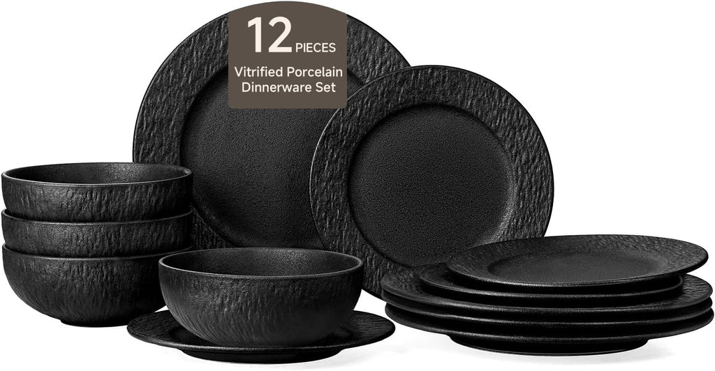 KINGSTONE Dinnerware Sets, 12-Piece Premium Porcelain dishes set, Matte Marble Pattern Plates and Bowls Sets for 4, Place Setting with Dinner Plate, Salad Plate, Pasta Bowl (Black)