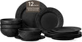KINGSTONE Dinnerware Sets, 12-Piece Premium Porcelain dishes set, Matte Marble Pattern Plates and Bowls Sets for 4, Place Setting with Dinner Plate, Salad Plate, Pasta Bowl (Black)