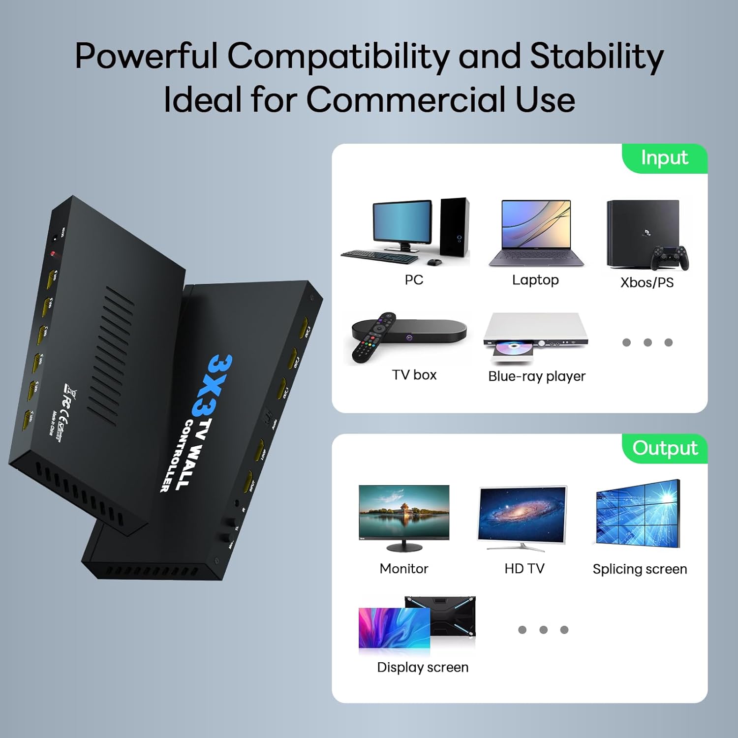 Video Wall Controller, TV Wall Processor 3x3 4K Input & 1080P HDMI Output for 9 TV Splicing Display, 180 Degree Rotate, 14 Splicing Modes 3x3 3x2 2x2 3x1 1x4 2x3 4x2 2x4