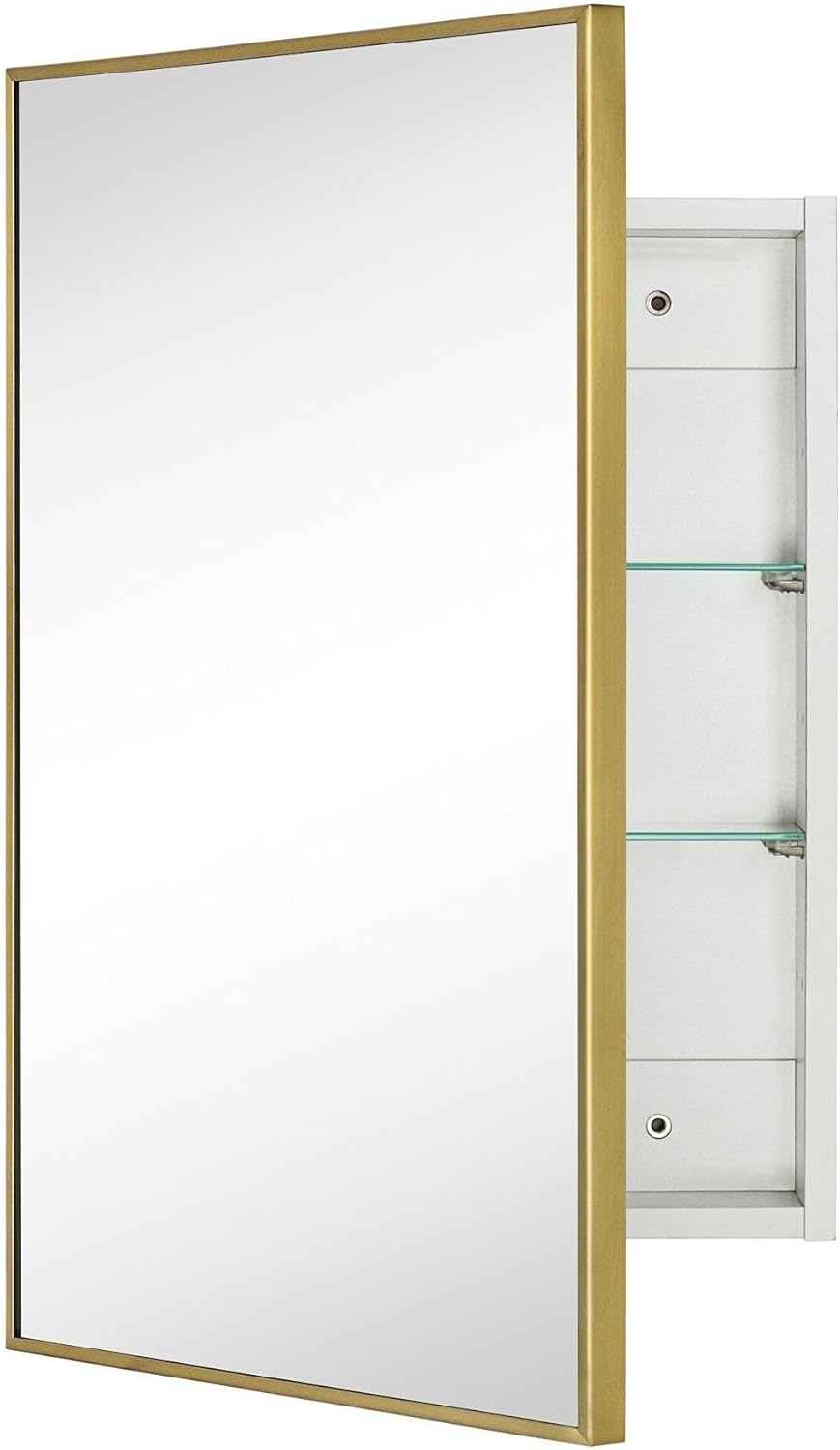 TEHOME 16.5'' x 24'' Brushed Gold Recessed and Surface Mount Bathroom Medicine Cabinet with Mirror Brushed Gold Square Cornered Metal Framed Rounded Rectangle Medicine Cabinet Mirror
