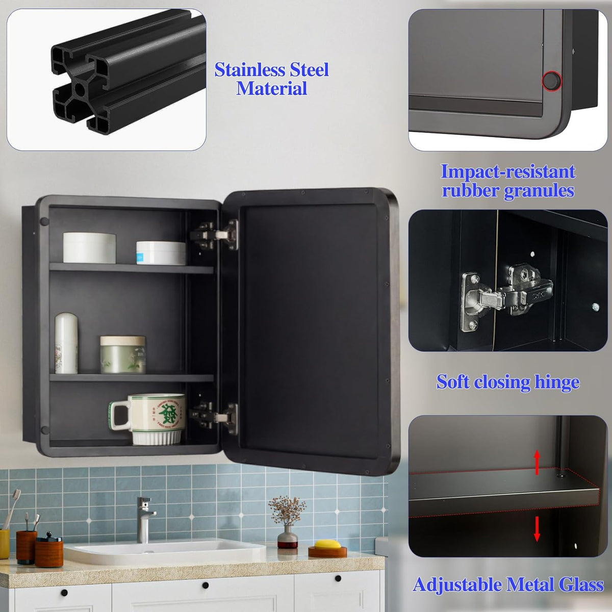 20" x 20" Bathroom Medicine Cabinet, Recessed or Surface Mount Square Mirror Cabinet with Stainless Steel Frame,Adjustable Metal Shelves, Wall Mounted Vanity Mirror with Bathroom Storage