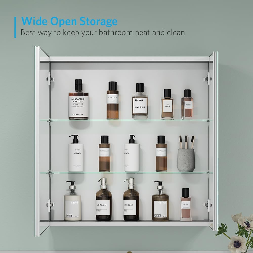 Quavikey Medicine Cabinet for Bathroom with Mirror 2 Doors Aluminum Surface Mount or Recessed Mirror Medicine Cabinet 30x30 Inch, Silver