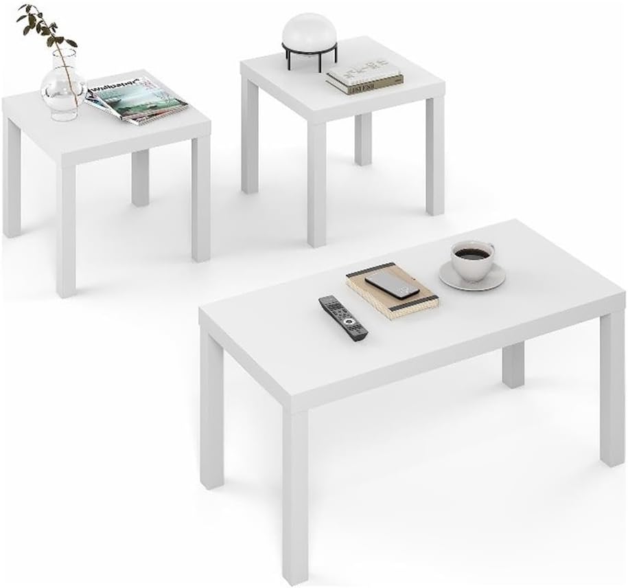 Furinno Classic Living Room Table Set of 3, Modern Rectangle Coffee Table with 2 Square Side Tables, End Tables, 1.8 Inch Thick Tabletop for Living Room, Home Office, White