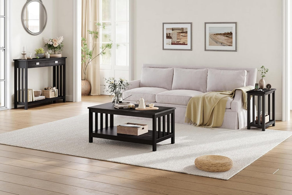 ChooChoo Mission End Tables Set of 2, Narrow Side Tables for Small Spaces, Night Stands with Storage Shelf for Living Room and Bedroom, Black