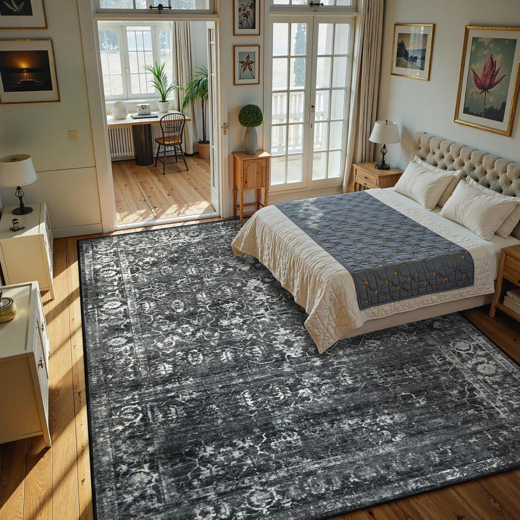 Lahome Margot Area Rugs 9x12 Living Room Soft Large Rugs for Bedroom, Boho Black Dining Room Rug, Distressed Non Slip Low Pile Carpet for Indoor Home Office(9'x12', Black/Grey)