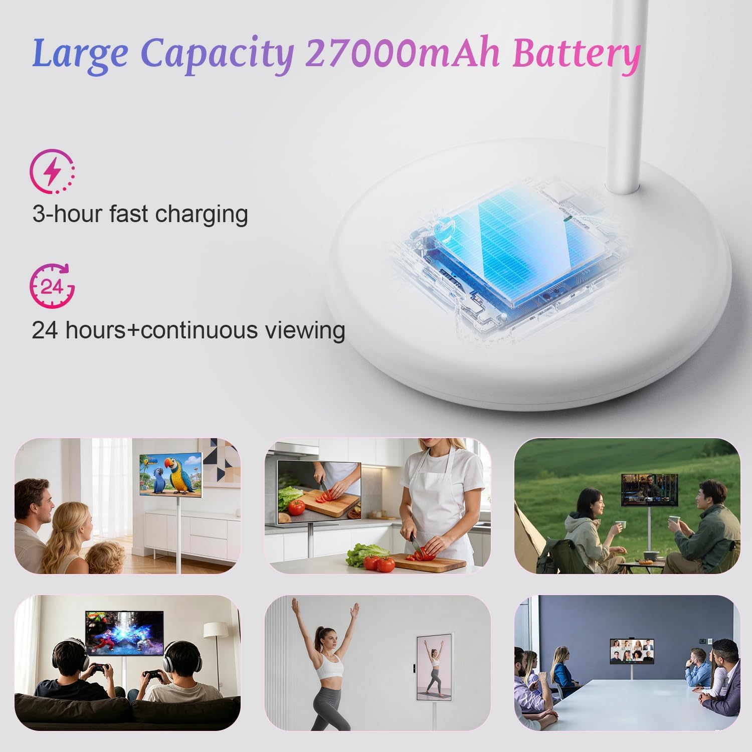 VLH 27" Smart Portable TV On Wheels | Cordless Rolling Touchscreen TV | 6GB RAM + 128GB Storage | EDLA-Certified Android 15 OS | | Full Swivel Rotation | Voice Remote Control
