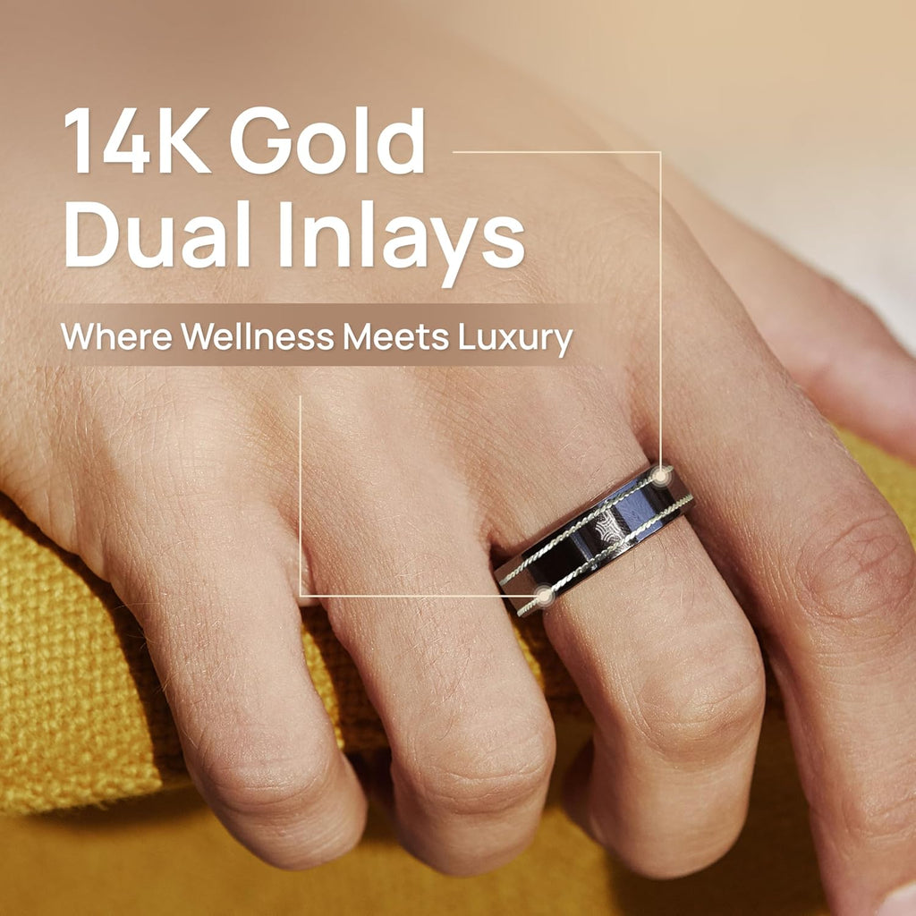 Pachira Smart Ring, Dual 14K Gold Inlays, Fitness/Sleep/Stress/Heart Rate/ SpO2 Tracker, No App Subscription, 7-Day Battery Life, Size Before You Buy, Black (US Size 7.25)