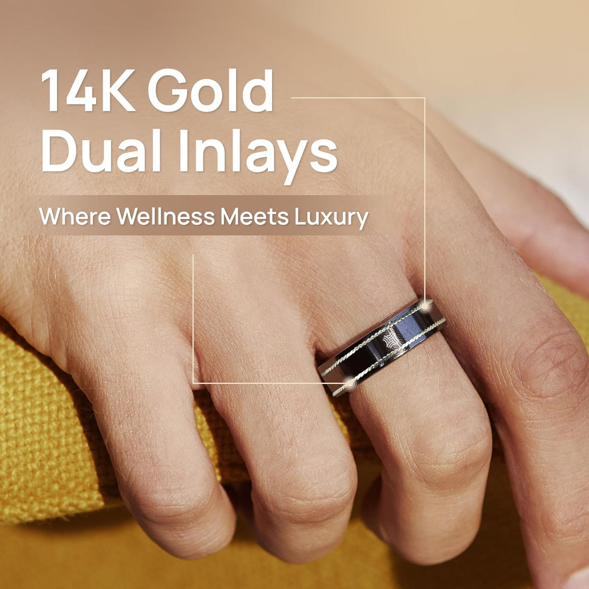 Pachira Smart Ring, Dual 14K Gold Inlays, Fitness/Sleep/Stress/Heart Rate/ SpO2 Tracker, No App Subscription, 7-Day Battery Life, Size Before You Buy, Black (US Size 7.25)