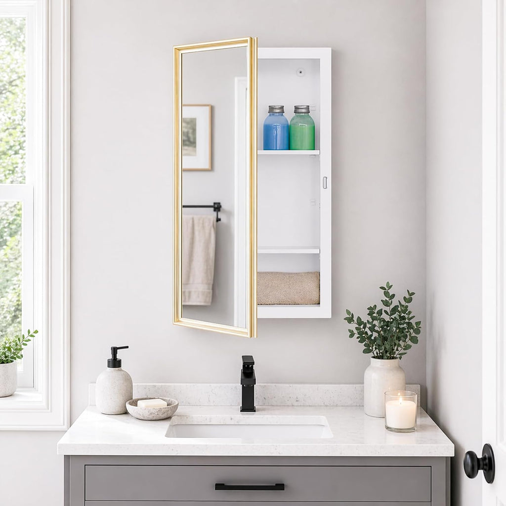 Fundin 16 x 26 White Metal Mirror Cabinet for Bathroom, Gold Beveled Frame Mirror, Recessed or Surface Mount Medicine Cabinet with Adjustable Shelves and Piano Hinge