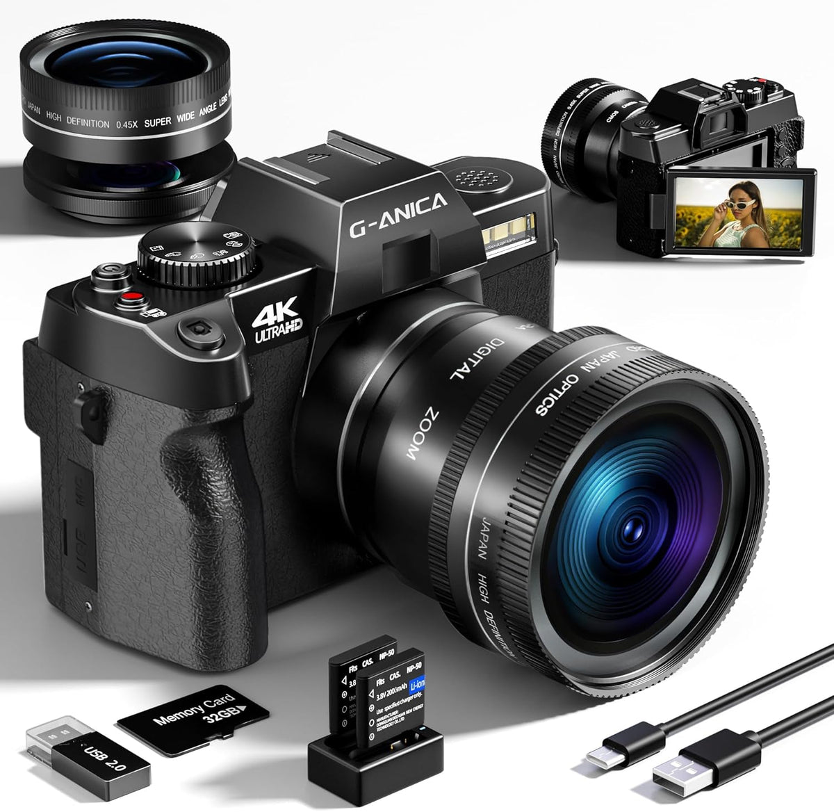 G-Anica 4K Vlogging Camera with Detachable Macro & Wide Lens Kit - WiFi & App Control, Supports Up to 48MP Photos, Compact Digital Cam for Beginners, 16X Zoom & Anti-Shake (32GB Card Included)