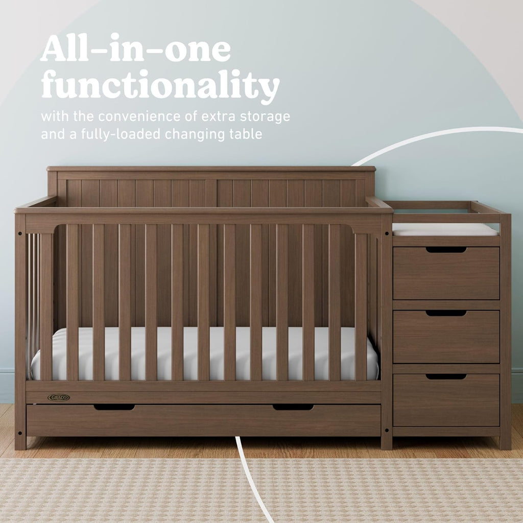 Graco Hadley 5-in-1 Convertible Crib & Changer – GREENGUARD Gold Certified, Fits Standard Crib Mattress, Converts to Toddler Bed and Full Bed, 4 Adjustable Mattress Heights (Hazelnut)