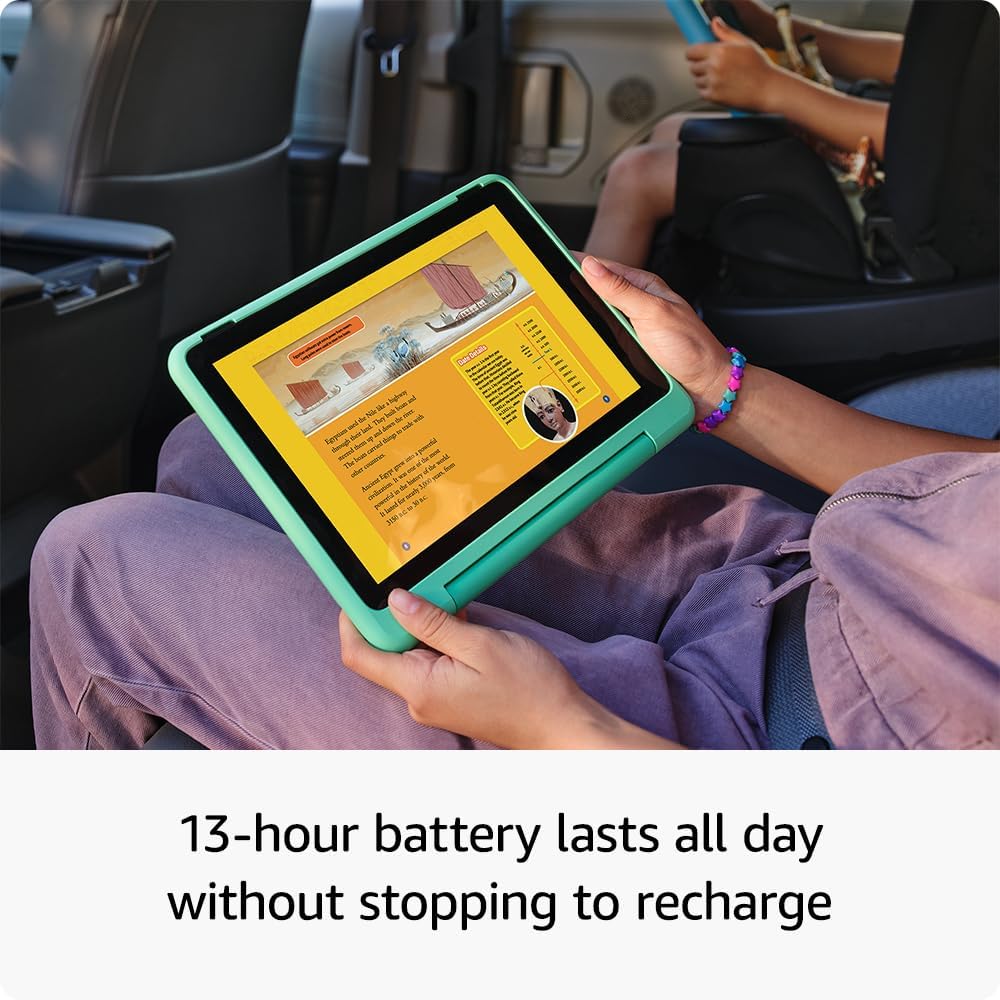 Amazon Fire HD 10 Kids Pro tablet, ages 6-12. Bright 10.1" HD screen, includes ad-free content, robust parental controls, 13-hr battery and slim case for older kids, 32 GB, Happy Day