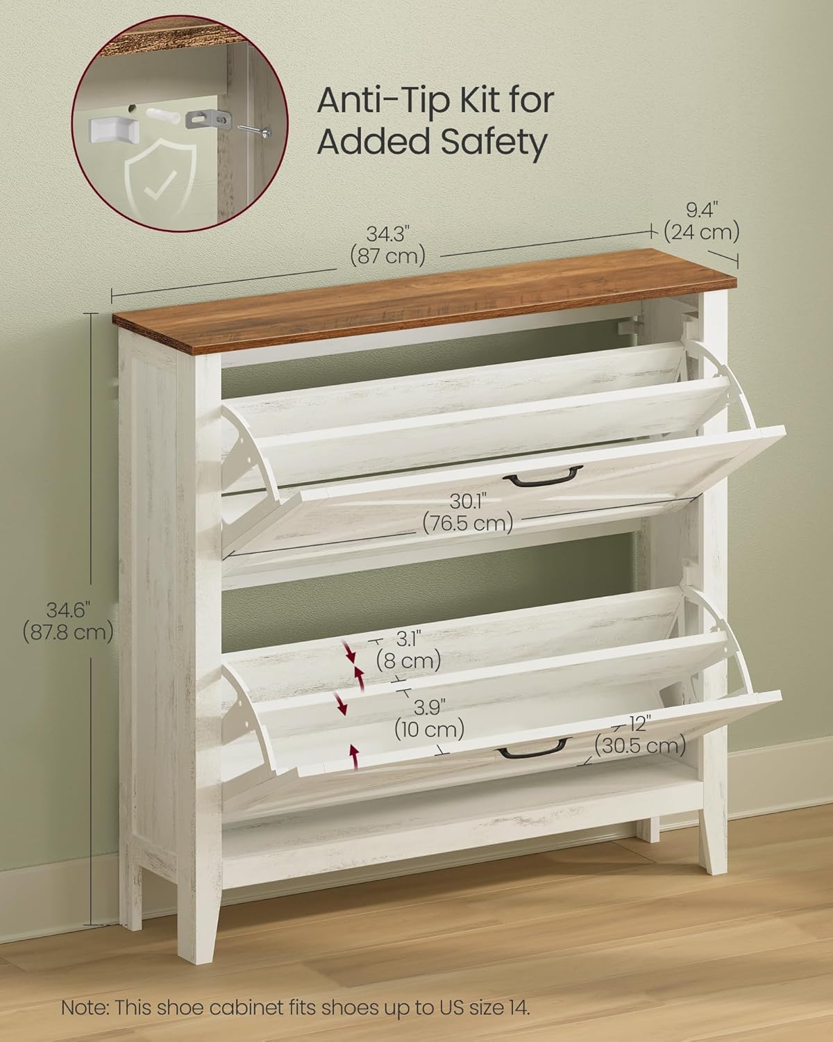 VASAGLE LIRY Collection - Shoe Storage Cabinet Organizer with 2 Flip Drawers, Freestanding Narrow Shoe Rack Cabinet for Entryway, Farmhouse Style, Fits 12 to 16 Pairs, Rustic White UHSC201W01