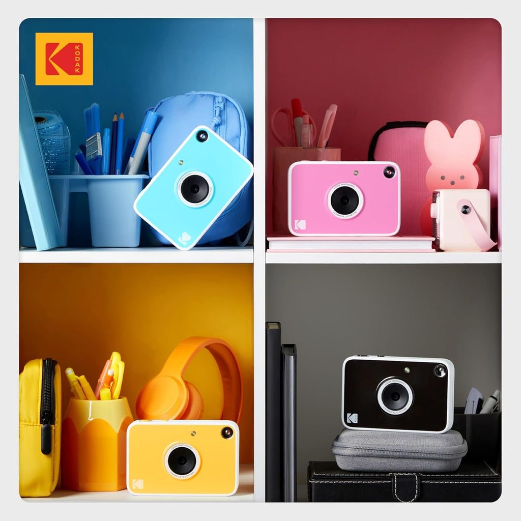 Kodak Printomatic+ Instant Print Digital Camera Starter Bundle + Carrying Case + Zink 20pk Sticky-Back Photo Paper - 10MP, Full-Color Photos, GB LED Status Indicator - Black