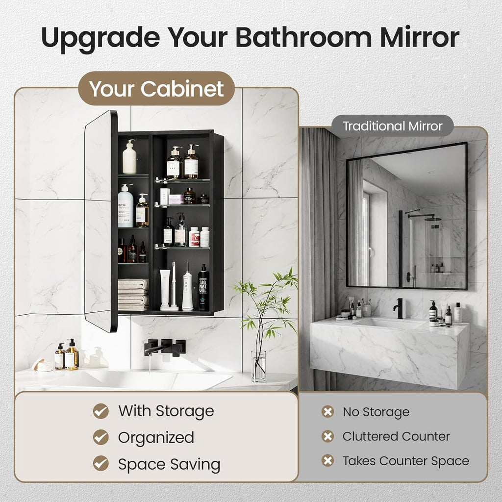 Bathroom Medicine Cabinet with Mirror, 20x30 Inch Recessed or Surface Mount Wall Organizer, Fits Tall Bottles, 6 Adjustable Glass Shelves, Soft Close DTC Hinges, Matte Black, Pre-Assembled