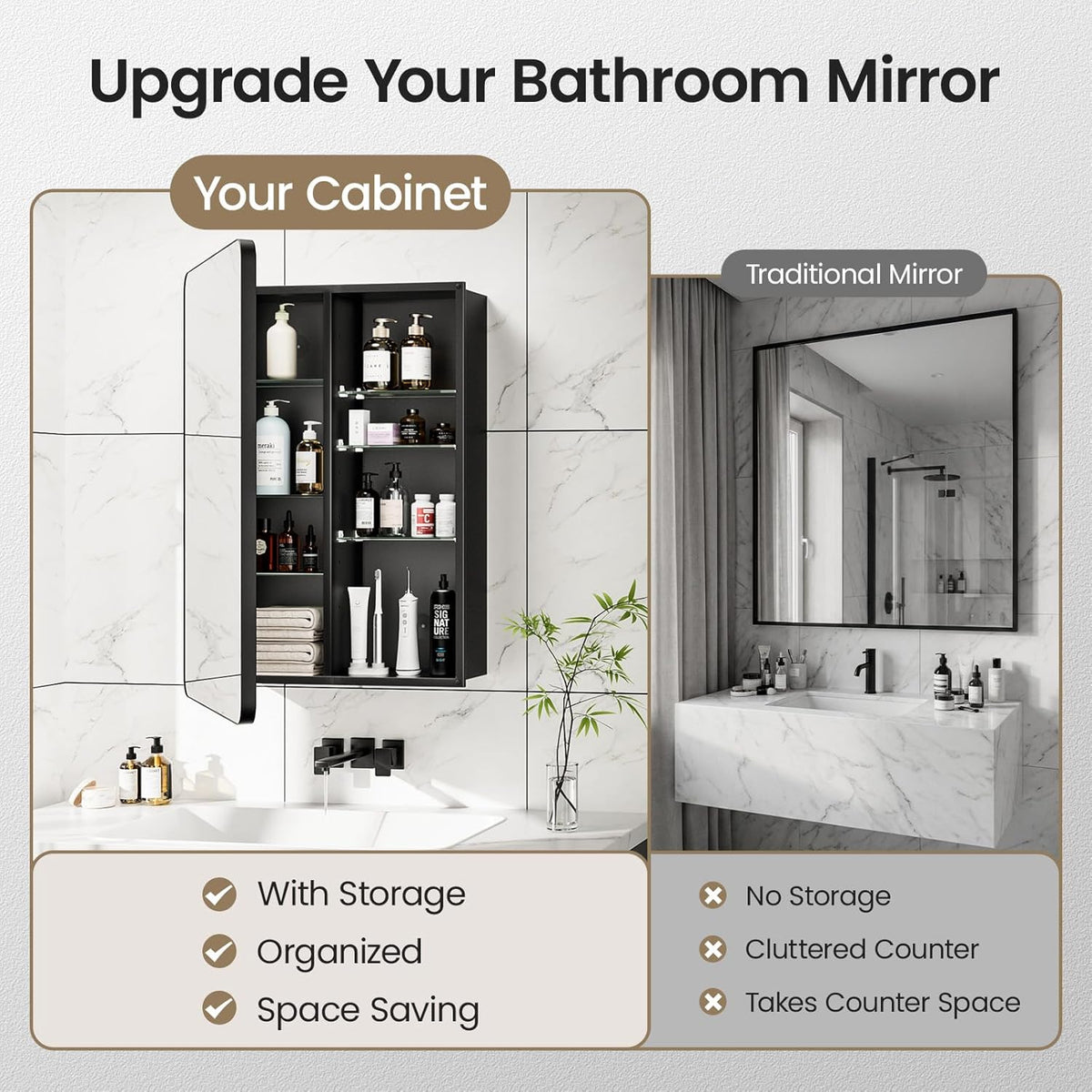 Bathroom Medicine Cabinet with Mirror, 20x30 Inch Recessed or Surface Mount Wall Organizer, Fits Tall Bottles, 6 Adjustable Glass Shelves, Soft Close DTC Hinges, Matte Black, Pre-Assembled