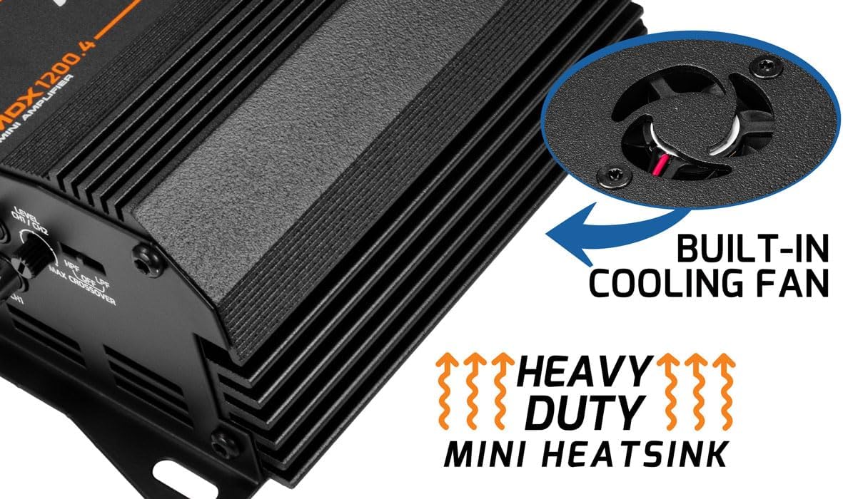 PRV Audio MDX1200.4 2 Ohm Mini 4 Channel Car Audio Amplifier 4 x 300 Watts RMS at 2 Ohm - 1200 Watt 12 Volts Bridgeable Amp for Powersports, Motorcycles, ATV, for High Power Stereo Speaker Systems
