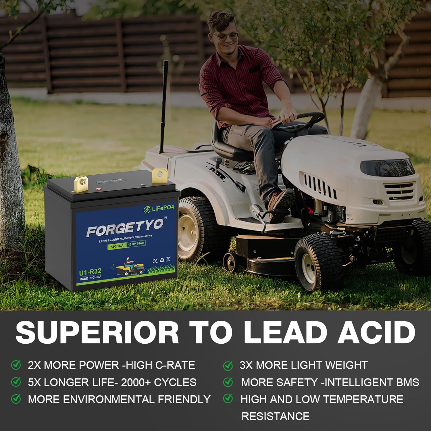 U1 Riding Lawn Mower Battery, 12V 16Ah 720CCA Lithium LiFePO4 Garden Tractor Starting Battery, Compatible with John Deere,Cub Cadet,Craftsman,Troy-Bilt Mower, and Generator