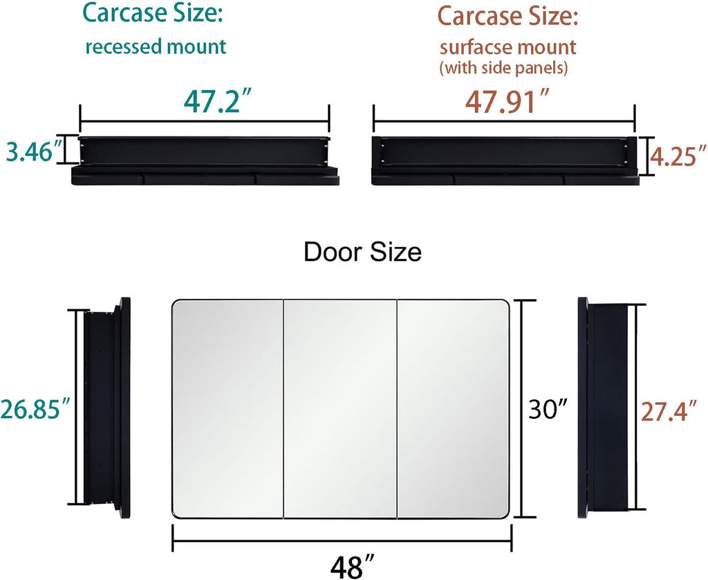 IDYLLOR Bathroom Mirror Medicine Cabinet with Round Corner Framed Door 48 x 30 inch, Black .Recessed or Surface Mount, with Adjustable Glass Shelves