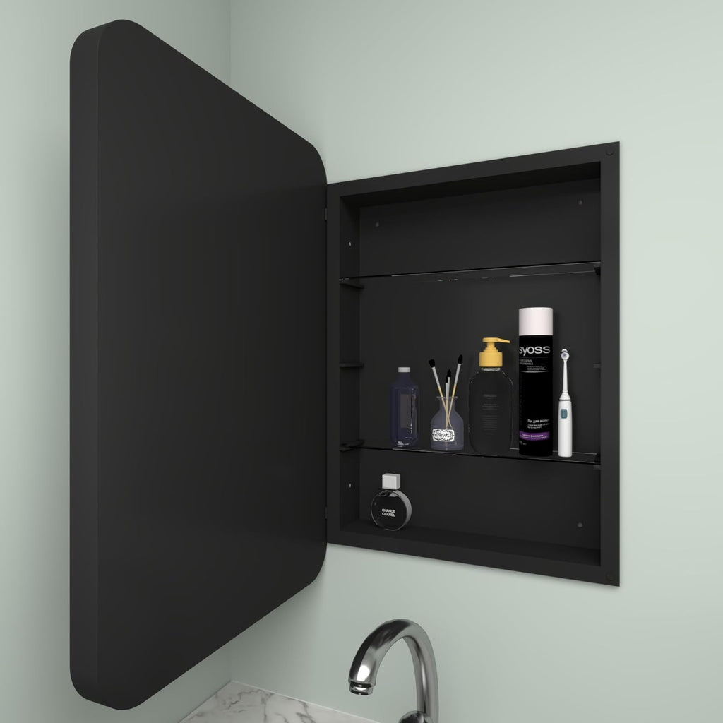16”Wx24”H Farmhouse Framed Medicine Cabinet with Mirror, Matte Black Finish, Recessed or Surface Mount, Adjustable Shelves, Rounded Rectangle Bathroom Medicine Cabinet,Install Left or Right
