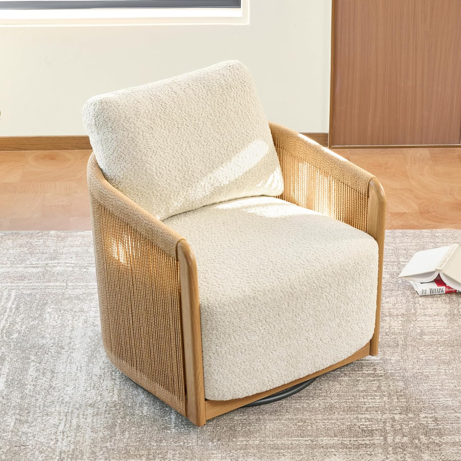 CHITA Braid Swivel Accent Chairs, Modern Comfy Armchair with Transfer-Printed Wood-Like Finish Metal Frame for Living Room and Bedroom, Boho Reading Chair, Cream