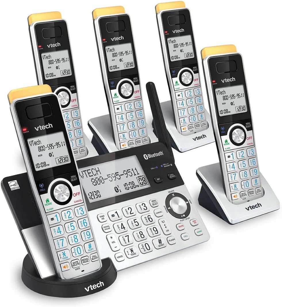 VTech Super Long Range 5 Handset DECT 6.0 Cordless Phone for Home with Answering Machine, 2300 ft Range, Call Blocking, Bluetooth, Headset Jack, Power Backup, Intercom, Expandable to 12 HS
