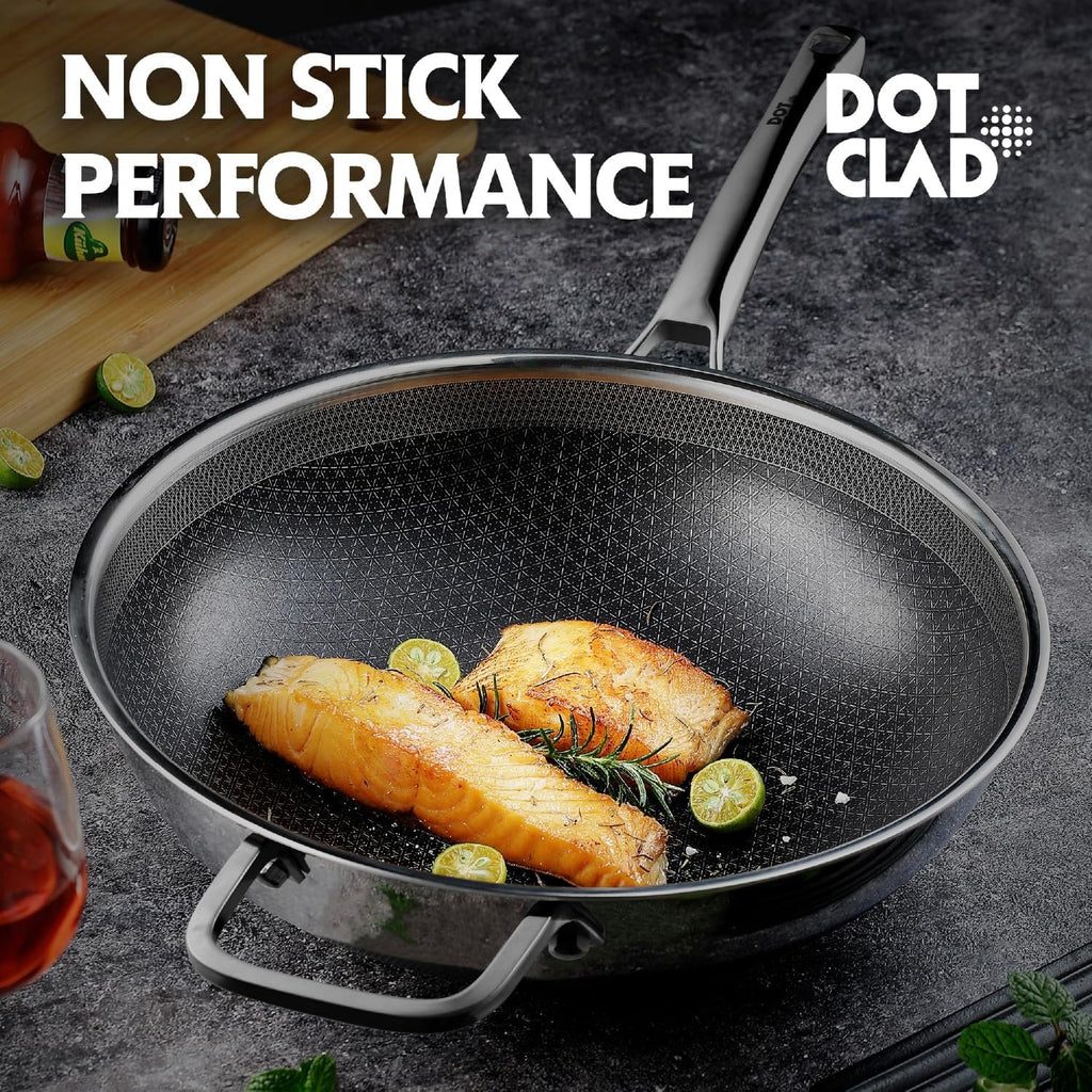DOTCLAD 3-Piece Hybrid Stainless Steel Cookware Set-12 Inch Wok with Lid,10 Inch Frying Pan,12 Inch Skillet with Lid-Non Stick,PFOA Free,Dishwasher&Oven Safe,Induction Compatible,Cookware Set.