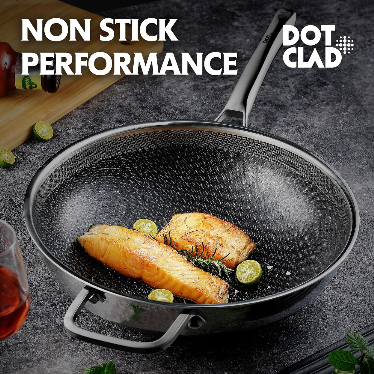 DOTCLAD 3-Piece Hybrid Stainless Steel Cookware Set-12 Inch Wok with Lid,10 Inch Frying Pan,12 Inch Skillet with Lid-Non Stick,PFOA Free,Dishwasher&Oven Safe,Induction Compatible,Cookware Set.