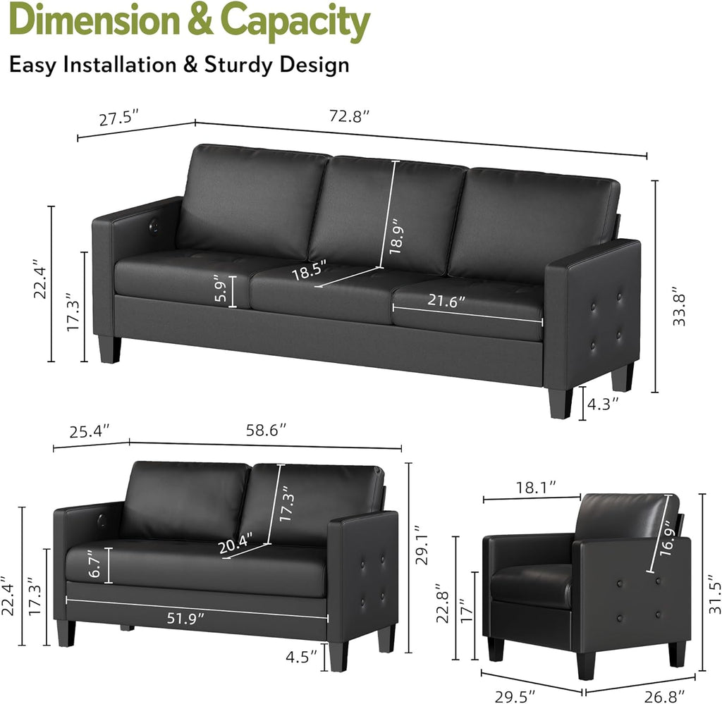 STHOUYN Black Faux Leather 3 Seater Sofa, Loveseat and Accent Chair, Modern Comfy Office Furniture Set, Small Love Seat Couch with Tufted Armrest and USB, 3 Pieces Living Room Furniture Sets (3+2+1)