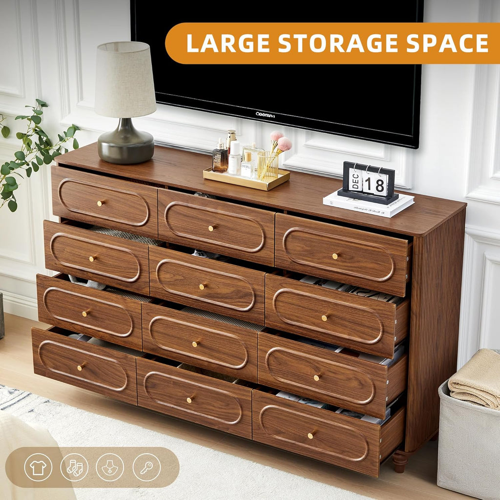 ORRD 12 Drawer Fluted Dresser for Bedroom, Mid Century Modern Chest of Drawers, Wood Storage Small Dresser Organizer for Bedroom Living Room Hallway Closet, Walnut