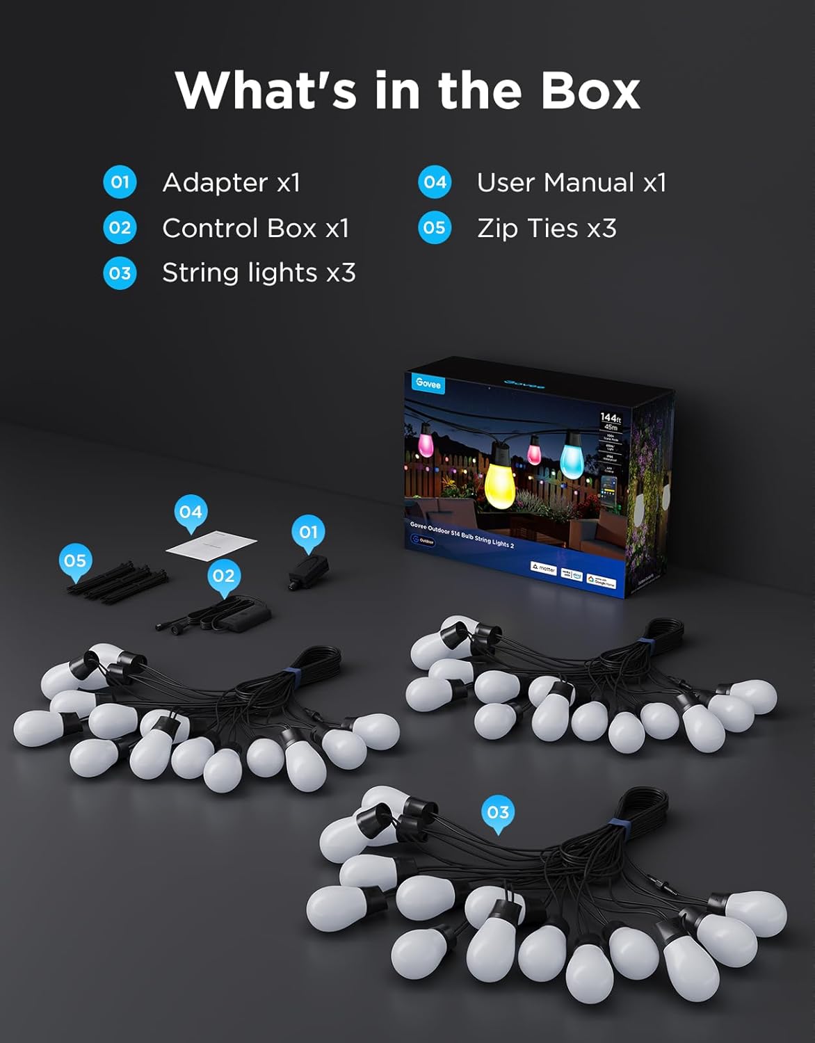 Govee S14 Bulb Outdoor String Lights 2, 144ft Smart RGBIC Warm White Lights with 45 LED Bulbs(3 Ropes of 48ft), 111 Scene Modes for Patio Decor, IP66 Compatible with Alexa, Google, Matter, APP Control