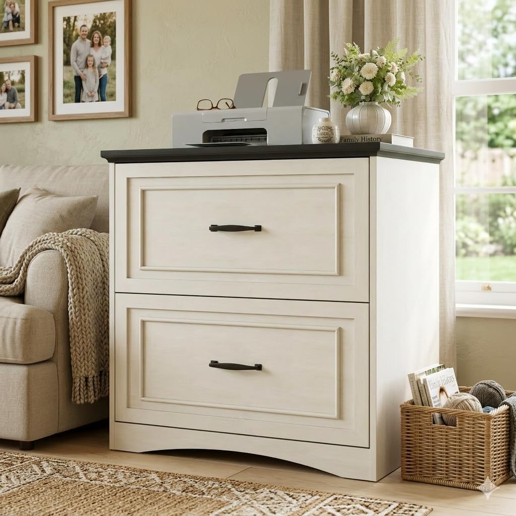 CubiCubi Farmhouse File Cabinet, 30" Lateral Filing Cabinet with 2 Drawers and Hanging Rods, Storage Wood Cabinet for Home Office, Living Room, Bedroom, Antique White
