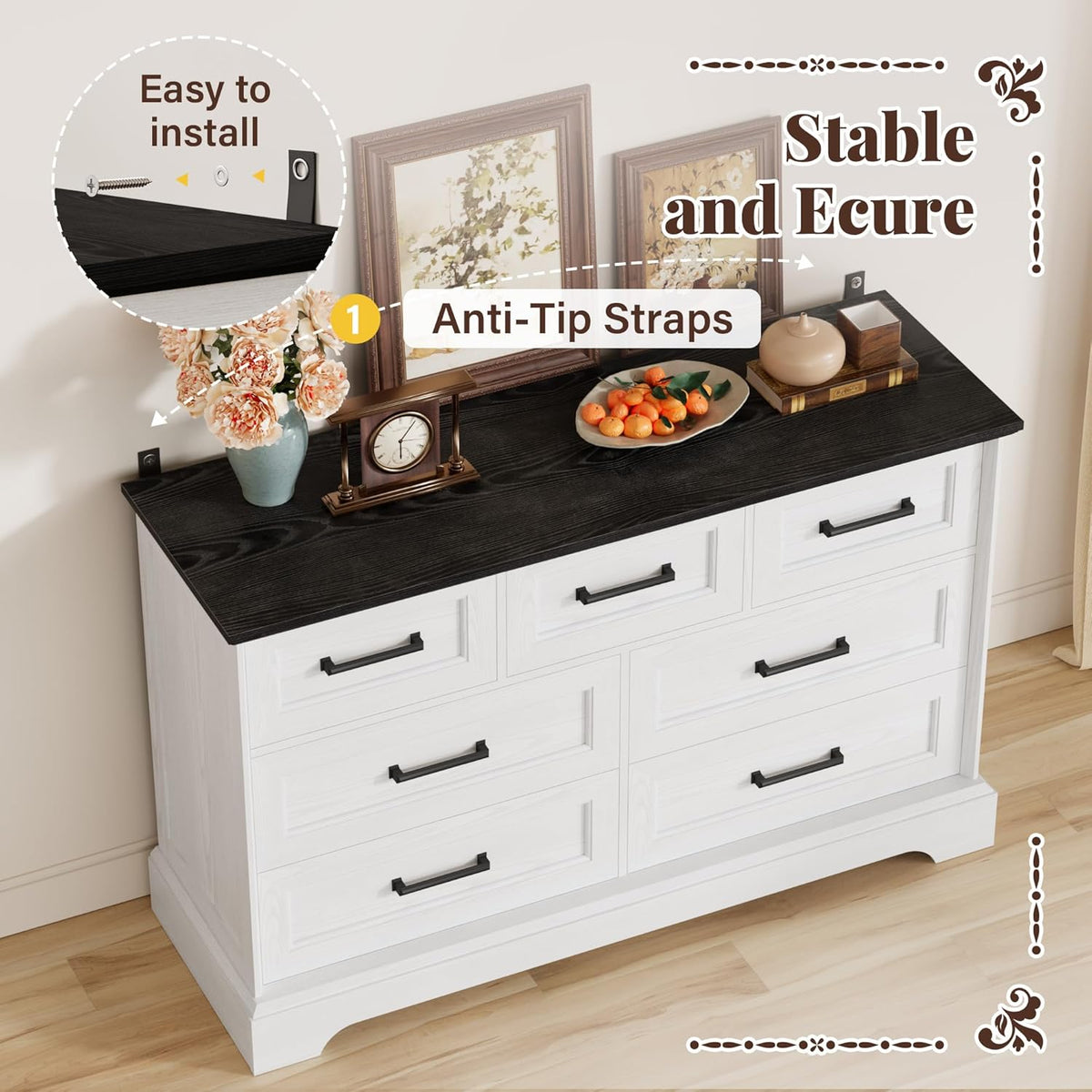 Furmax Farmhouse Dresser for Bedroom, 7 Drawers Dresser, Wood Chest of Drawers, 47.5" Wide Storage Dressers Organizer for Bedroom, Living Room, White and Black