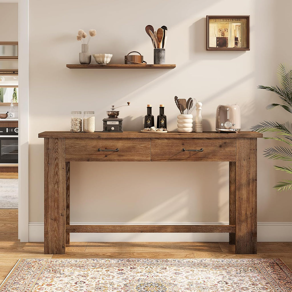 LITTLE TREE 63-Inch Solid Wood Console Table, Farmhouse Entryway Table with 2 Drawers, Narrow Sofa Table for Entryway, Hallway, Living Room, Foyer, Behind Couch
