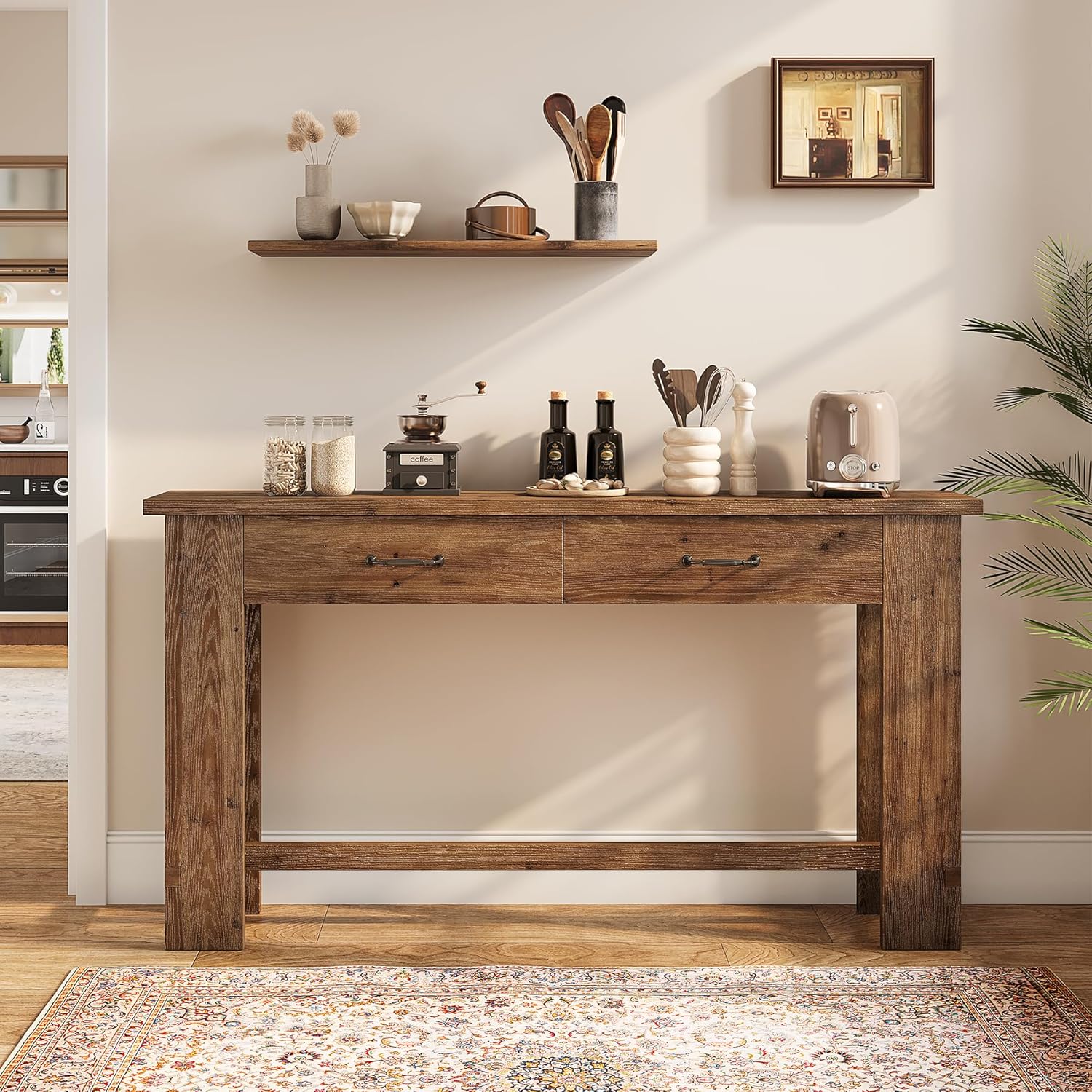 LITTLE TREE 63-Inch Solid Wood Console Table, Farmhouse Entryway Table with 2 Drawers, Narrow Sofa Table for Entryway, Hallway, Living Room, Foyer, Behind Couch