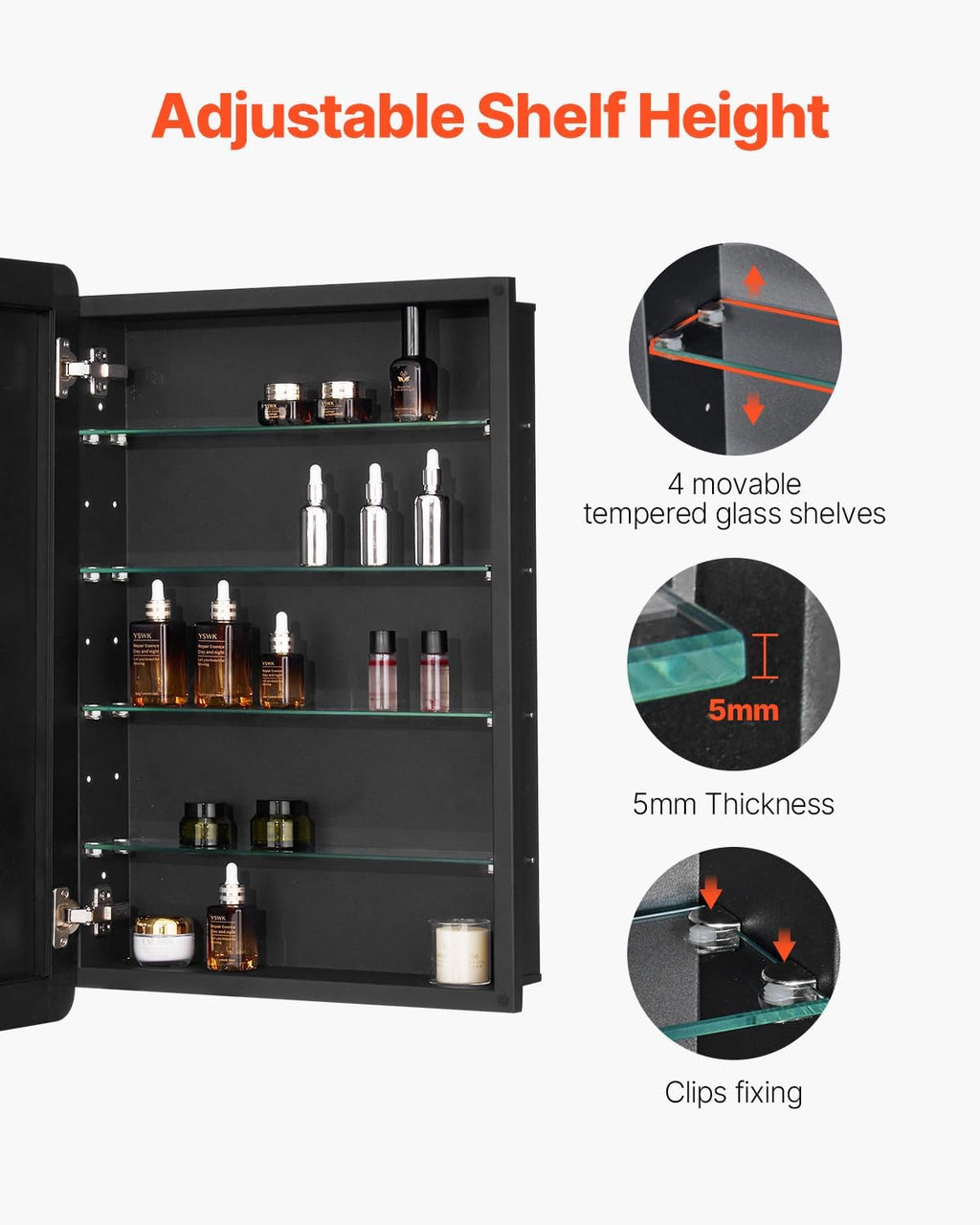 VEVOR Medicine Cabinet, 20 x 30 inch, Medicine Cabinet for Bathroom with Mirror, Aluminum Frame Bathroom Wall Cabinet, 4-Layer Adjustable Shelves, Recessed & Wall-Mounted Installation
