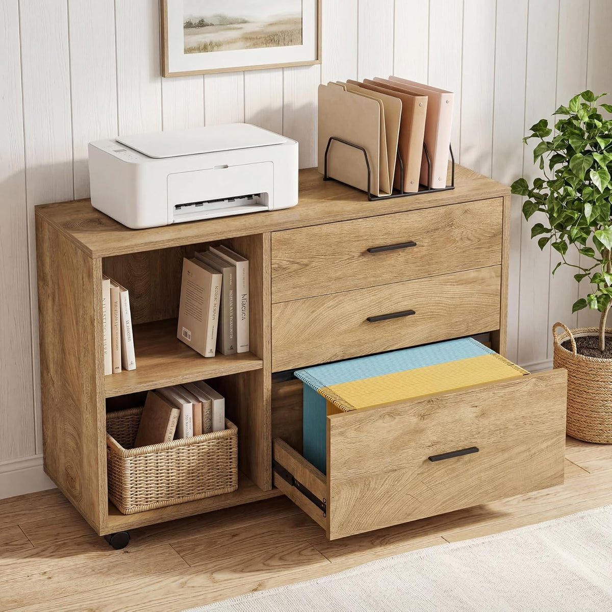 Tribesigns 39-Inch Rolling File Cabinet with 3 Drawers, Wooden Office Lateral Filing Cabinet, Modern Printer Stand with Storage Shelves for Home Office, Light Brown