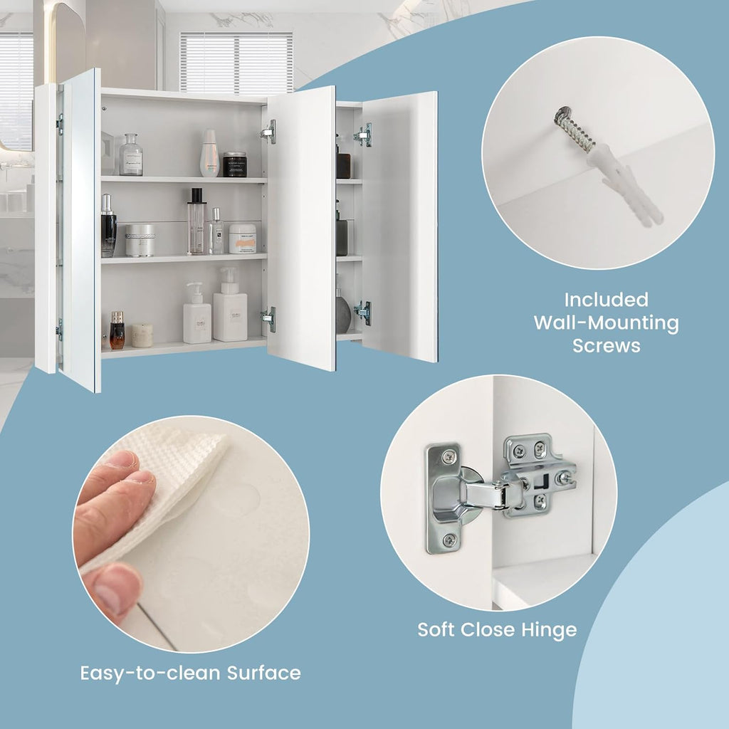 Tangkula Medicine Cabinet with Mirror, Frameless Bathroom Wall Mounted Cabinet with 3 Doors and Adjustable Shelves, Storage, Recess or Surface Mount Installation