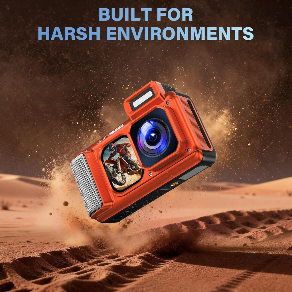 Maxmango V08 Pro 49FT Underwater Camera - 8K 90MP WiFi Waterproof Digital Camera with Touchscreen, Dustproof Shockproof Rugged Camera for Snorkeling, 64GB Point and Shoot Digital Digital Cam - Orange