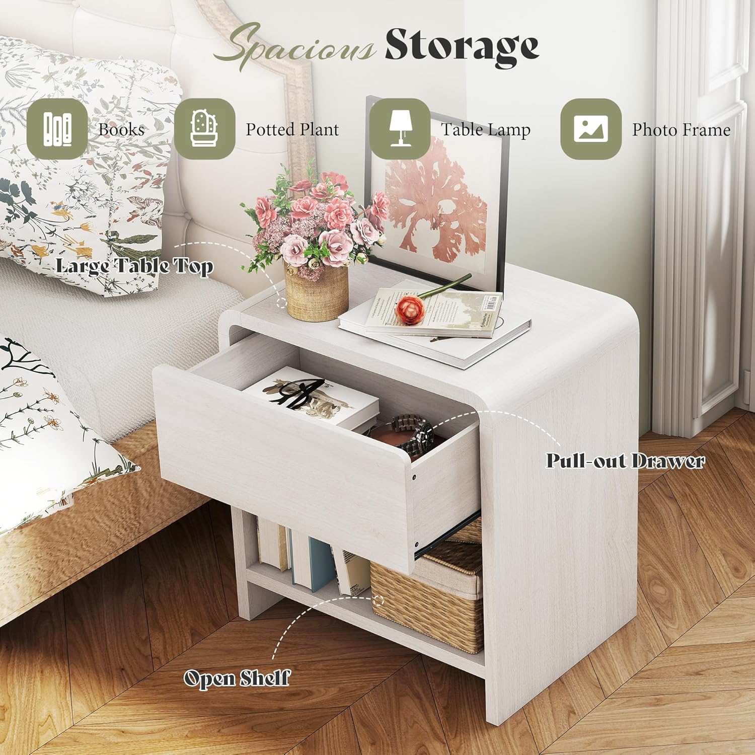 AMERLIFE Modern Night Stand Set 2 with Storage Drawer & Open Shelves, 24" Round Bedside Table Nightstand with Curved Top Corners for Bedroom Living Room Sofa Office, End Table for Small Spaces, White