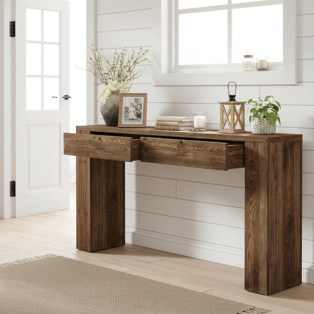 LITTLE TREE Solid Wood 63 Inches Console Table with 2 Drawers, Vintage Brown Sofa Table Behind Couch for Living Room, Long Hallway Foyer Entryway Table for Entrance
