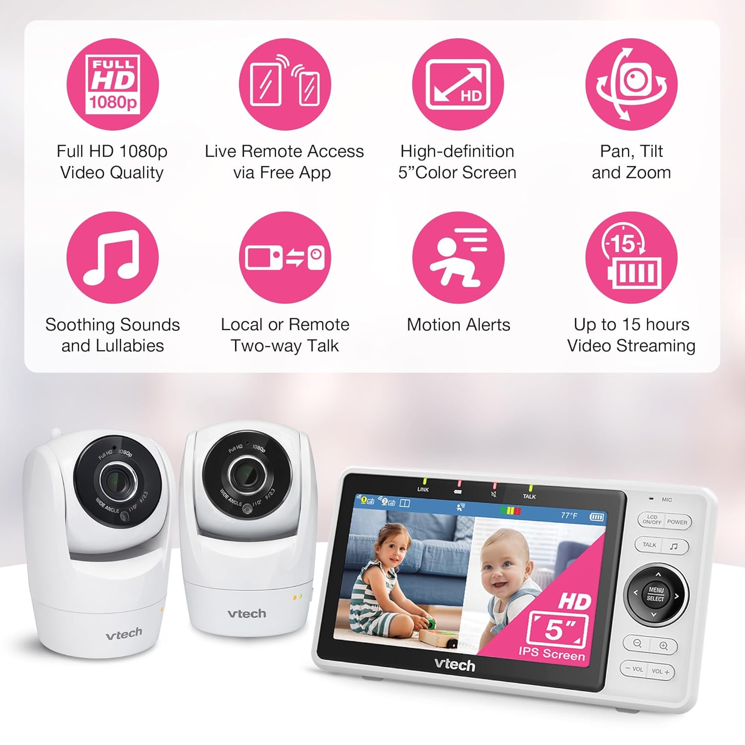 VTech WiFi Baby Monitor with 2 Cameras & 5" HD Split Screen – 1080p Video, Remote Pan Tilt Zoom, Night Vision, Two-Way Talk, Motion Alerts, Free App | VM901-2HD