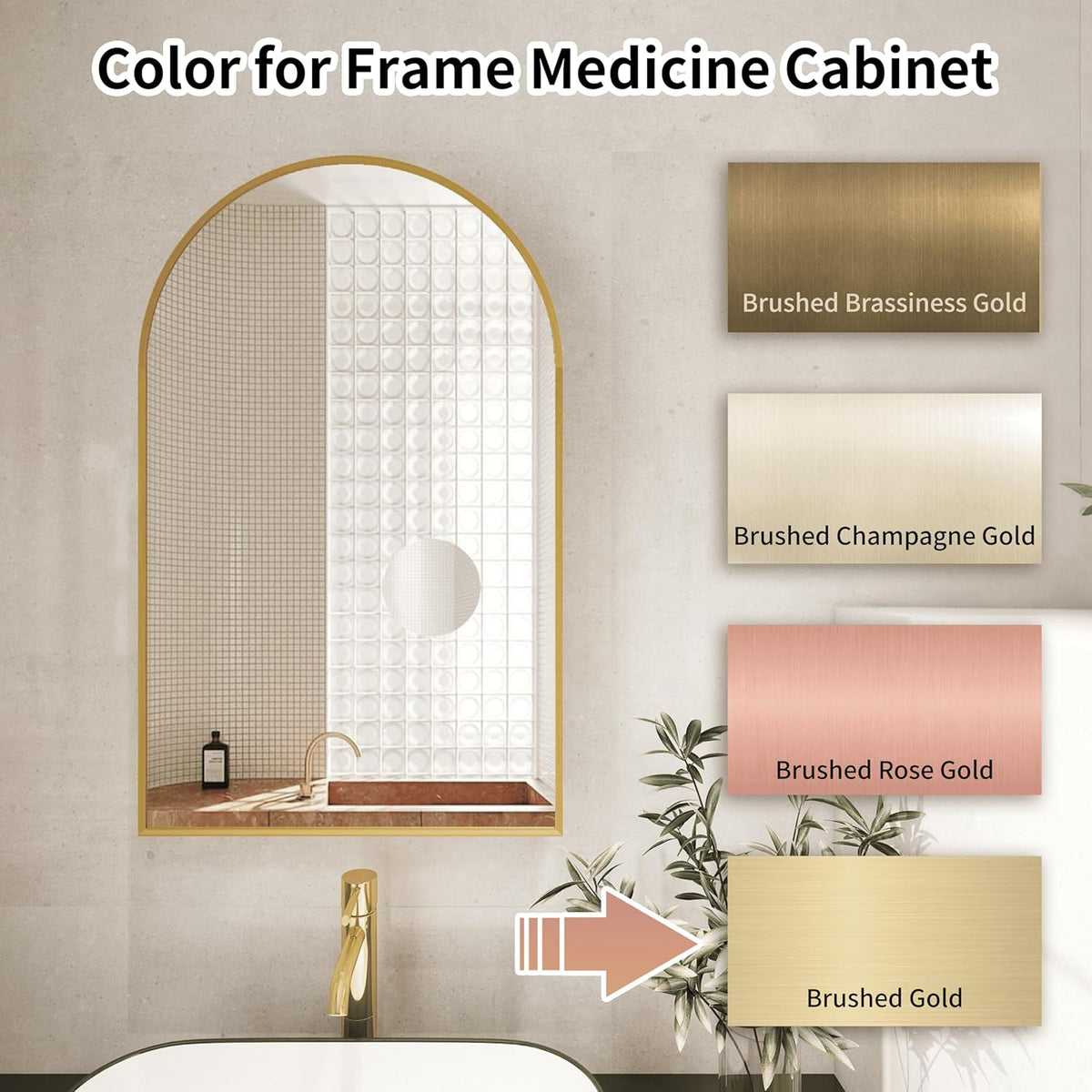FKWin Gold Medicine Cabinet with Mirror, 20x32 Inch Surface Mount Bathroom Storage Cabinet, Wall Mounted Mirror Cabinet with Adjustable Glass Shelf, Left or Right Door Opening, Brushed Gold Finish