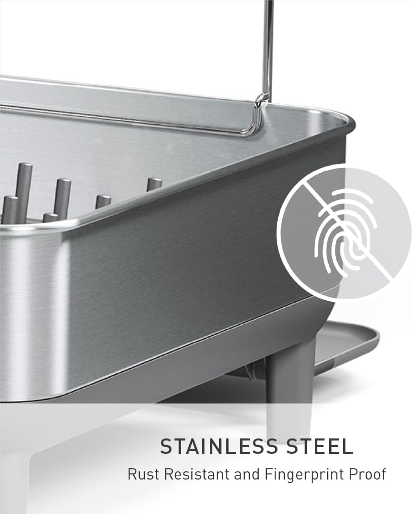 simplehuman Steel Frame Dishrack, Large Capacity Dish Drying Rack, 360º Easy Drain Swivel Spout, Utensil & Wine Glass Holder, Anti-Residue Coating, Moisture Control Surface, Brushed Stainless Steel