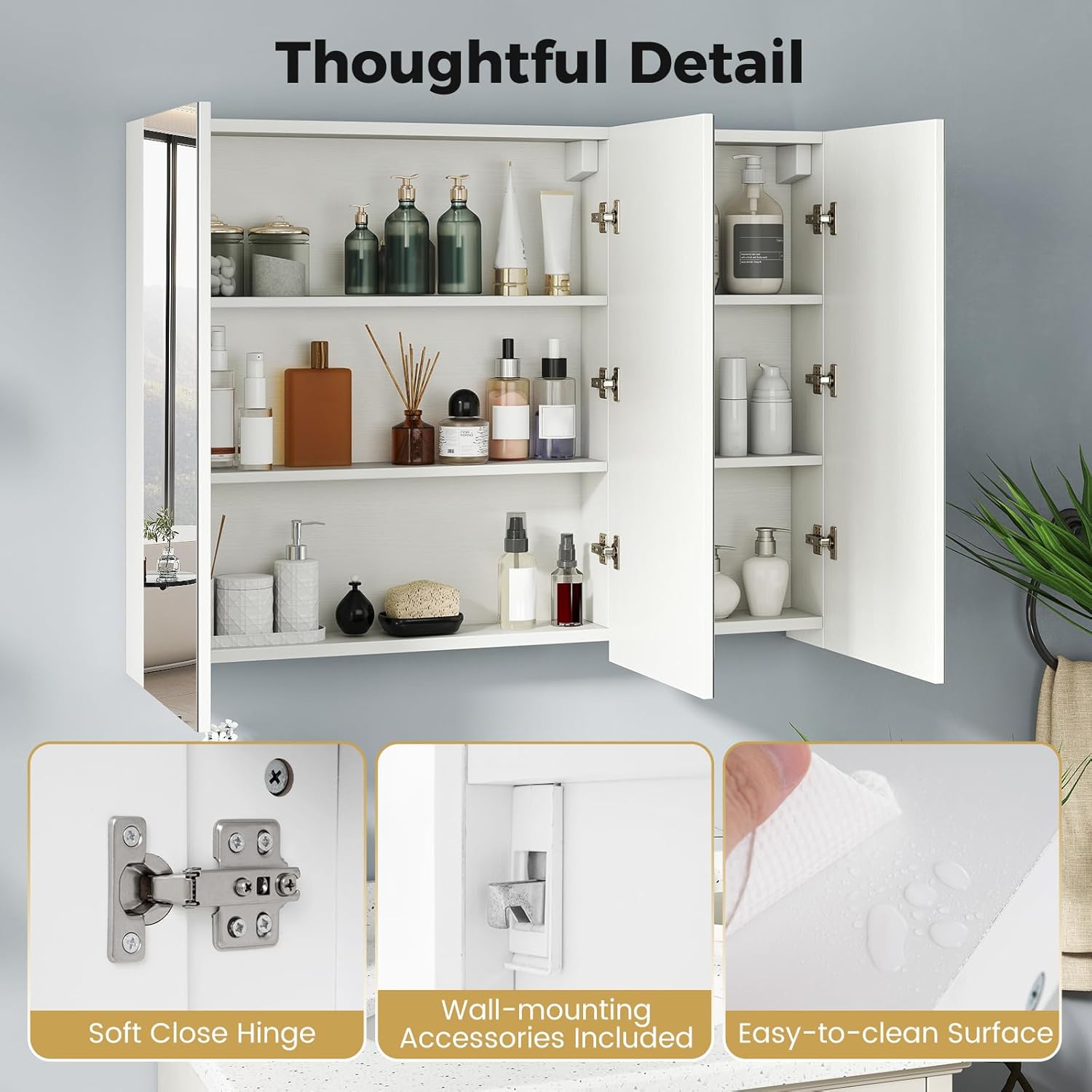 NAFORT Mirrored Medicine Cabinet, 3-Door Wall Mounted Storage Cabinet with Adjustable Shelves, Large Bathroom Wall Cabinet Organizer with Frameless Mirrors, Recessed or Surface Mount