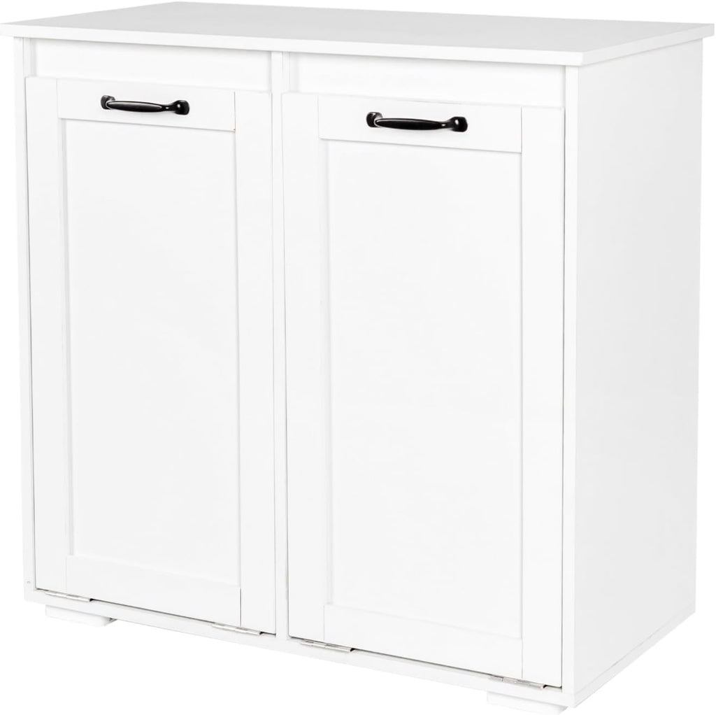 LUMISOL Double Tilt-Out Laundry Hamper Cabinet, Farmhouse Laundry Cabinet with Hidden Fabric Baskets, Wooden Bathroom Storage Cabinet with Doors for Living Room, Kitchen, White