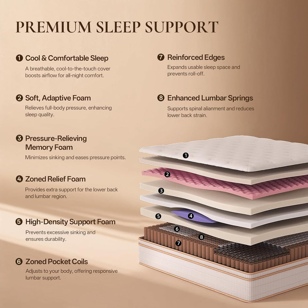 Queen Size Mattress 14 Inches, Medium Firm Hybrid with Memory Foam & Individually Wrapped Coils, CertiPUR-US Certified, Fiberglass-Free Design
