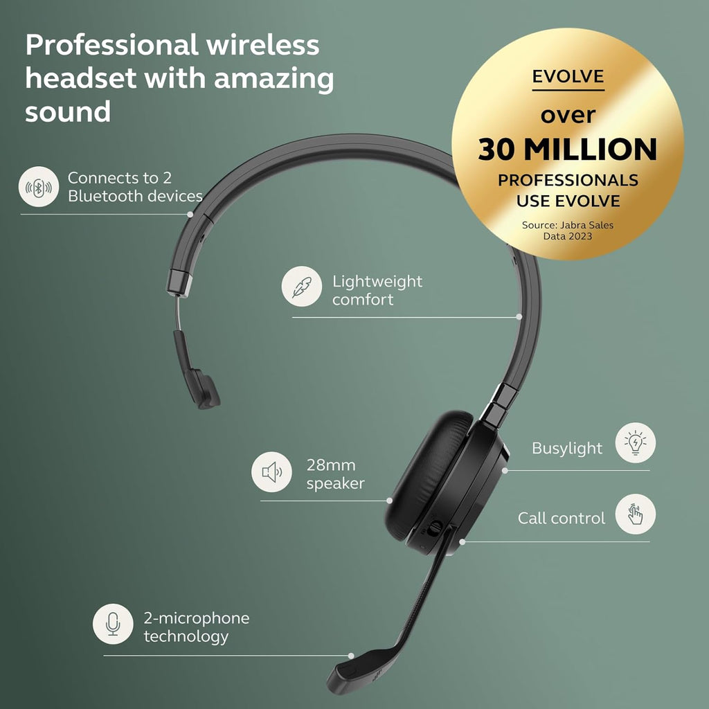 Jabra Evolve 65 TE (Third Edition) Wireless Single-Ear Headphones - Noise-Canceling Mic, 16 hr Battery Life, Dual Connectivity, MS Teams Certified, Supports Other Platforms, Black