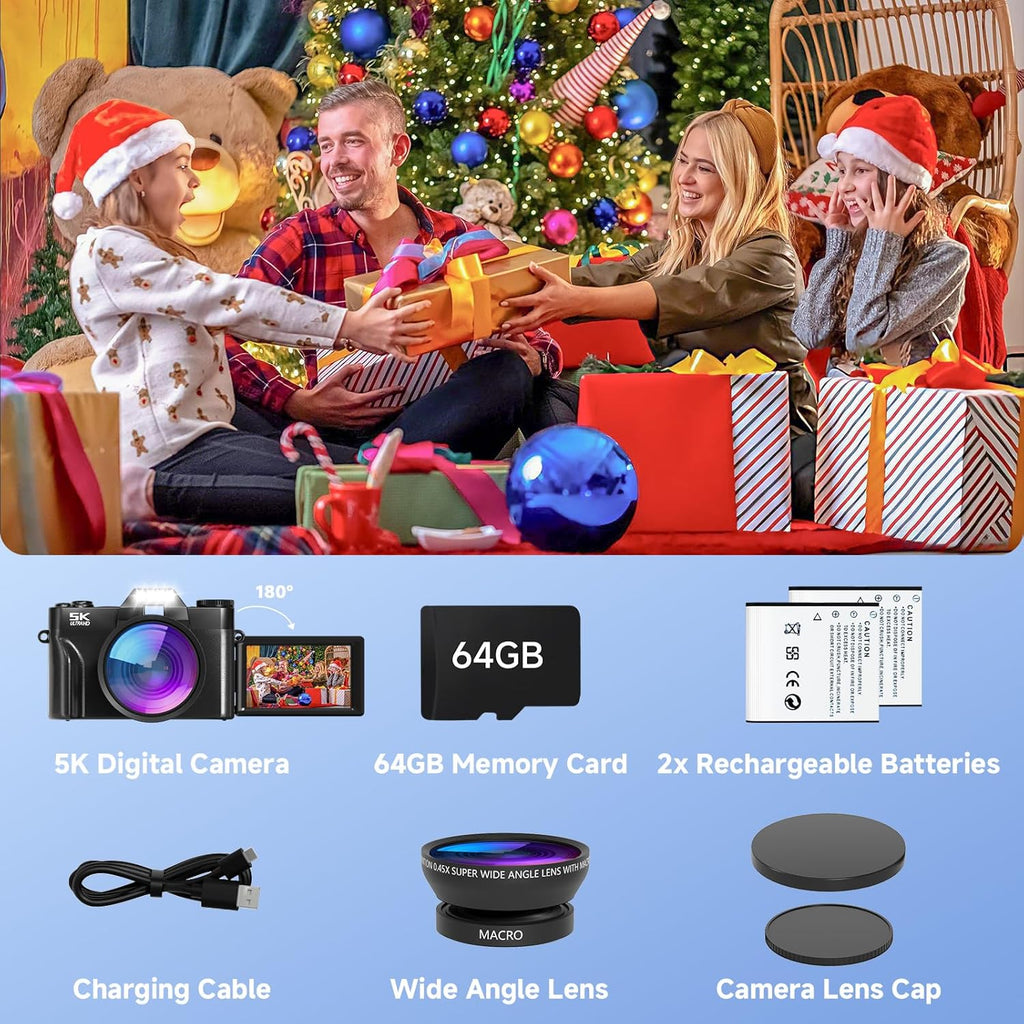 Digital Camera,UHD 75MP 5K Digital Cameras for Photography with WiFi,64GB SD Card Vlogging Travel Camera for YouTube,Featuring 3" 180°Flip Screen,Suitable for Beginners and Teens,Black